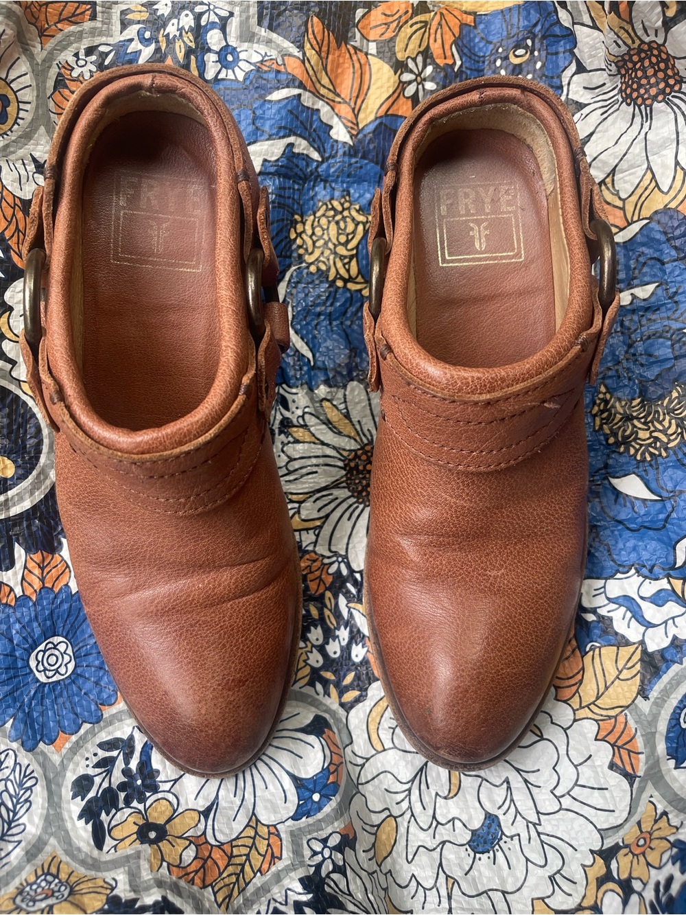 Frye Carson Harness Cognac Leather Slip-On Clog Mules Size 6.5